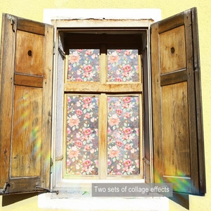 Detail of two floral collage window stickers with pink roses and iridescent rainbow effects