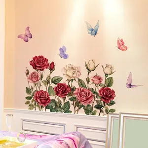 Self-adhesive floral wall stickers featuring realistic roses and butterflies for home decor