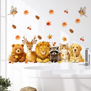 Detailed view of autumn forest animal wall stickers with watercolor leaves on bathroom wall
