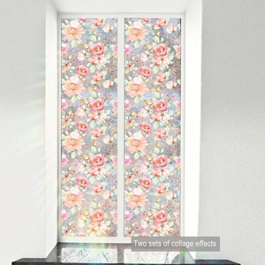 Close-up of decorative static cling window film with pink floral watercolor patterns