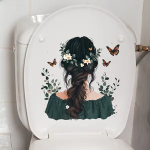 Waterproof PVC wall sticker of a cute girl with green outfit for toilet lid decoration