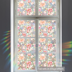 Pink floral static window film with artistic rainbow light refraction and mosaic texture