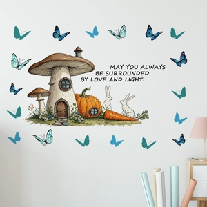 Stickers muraux féeriques avec maisons champignons et lapins pour chambre d'enfant