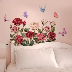 Bedroom wall decor with red and pink rose floral stickers and butterfly wall decals