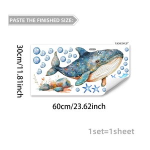 Detail view of watercolor blue whale wall sticker showing 30x60cm sheet dimensions