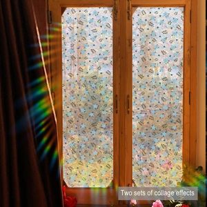 Detailed view of floral window film showing colorful rainbow light refraction and collage effect