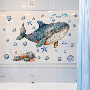 Self-adhesive watercolor blue whale wall decal set for bathroom tiles and home decor