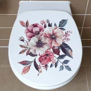 Detail of floral toilet seat sticker with vintage pink and purple petals design
