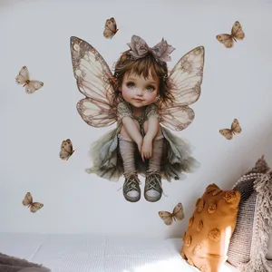 Detail of fairy girl wall sticker with butterfly wings and retro dress in bedroom setting