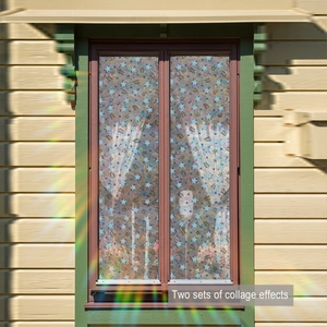 Detail of floral window film showing rainbow prism effect on a wooden frame window