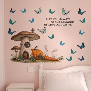 Détail de l'autocollant mural champignon avec lapins pour une déco de chambre d'enfant