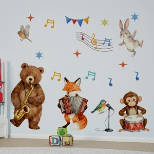Stickers muraux pour chambre d'enfant avec animaux musiciens et guirlandes colorées