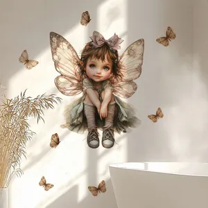 Detail of cute little fairy wall sticker with butterflies on white bathroom tile