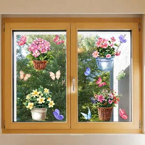 Autocollants de fenêtre fleurs en pot à l'aquarelle et papillons pour décor de vitre
