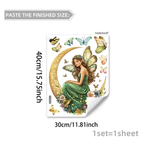 Detail showing cartoon angel girl on golden moon wall sticker with size measurements