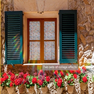 Detail view of two sets collage effect on colorful floral static cling window film stickers