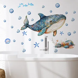 Detailed watercolor whale wall decal set above bathtub for modern bathroom decoration