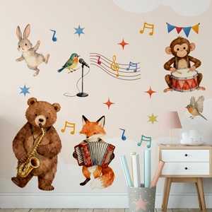 Détail de stickers muraux animaux peints à la main avec instruments pour chambre d'enfant