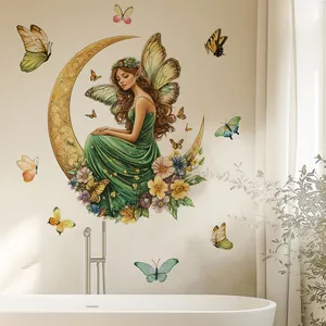 Waterproof fairy on moon wall sticker with colorful butterflies in bathroom setting
