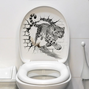Sticker mural 3D léopard des neiges sortant d'un mur brisé pour salle de bain