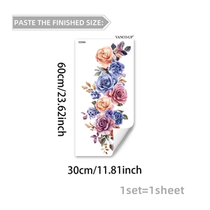 Detail showing 30x60cm dimensions of floral wall stickers with blue and pink roses