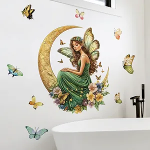 Cute fairy on golden moon wall sticker with colorful butterflies for home decor