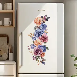 Close-up of vibrant floral wall stickers featuring colorful roses on a white refrigerator
