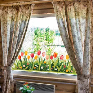 Détails des stickers statiques pour fenêtres motif tulipes colorées de jardin