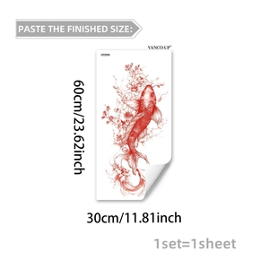 Detailed view of traditional red koi carp and floral wall sticker with 60x30cm size chart