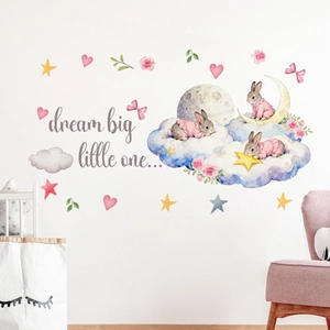 Détail de stickers muraux lapin aquarelle avec lune et texte dream big pour crèche