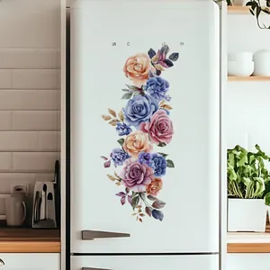 Floral wall decal with colorful roses and green leaves on a modern white refrigerator
