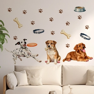 Détail de stickers muraux chiens à l'aquarelle avec chiots et empreintes pour déco intérieure