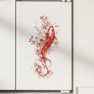 Detailed view of a red watercolor koi fish wall sticker on a white cabinet surface