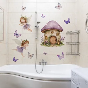 Cute cartoon fairy and purple mushroom tree house wall stickers for home decor