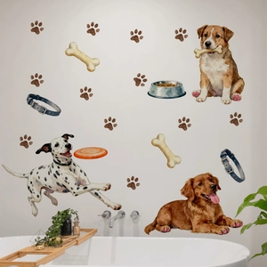 Détail de stickers muraux aquarelle avec motifs de dalmatiens et de golden retrievers