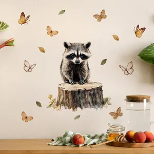 Detail of creative watercolor raccoon on tree stump wall sticker with colorful butterflies