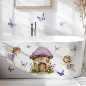 Detail of watercolor angel girls and purple mushroom house wall decals in a bathroom