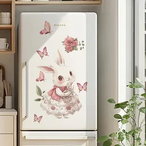 Detail of cute rabbit and pink rose wall stickers on a modern white refrigerator