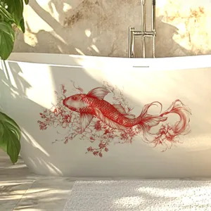 Close-up of red koi fish and floral wall sticker on a white bathtub in a bright bathroom
