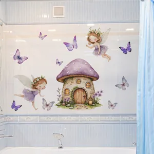 Waterproof fairy wall stickers with mushroom house and butterflies on bathroom tiles