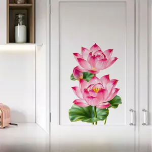 Detail of waterproof pink lotus floral wall stickers applied to a white kitchen cabinet