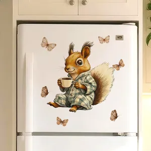 Detailed wall sticker featuring a squirrel in pajamas with coffee and butterflies