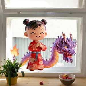 Adesivo 3D per finestre Capodanno Cinese con ragazza in Hanfu rosso e dragone viola