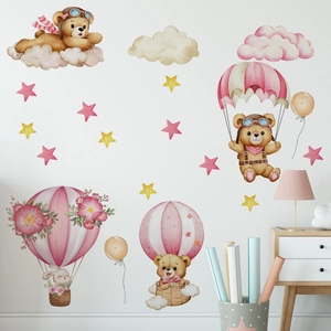 Stickers muraux aquarelle avec ours en montgolfière pour décoration de chambre d'enfant