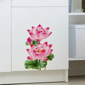 Close-up of pink lotus flower wall stickers applied on white cabinet surface