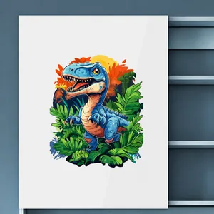 Detail of cartoon dinosaur wall sticker with tropical plants and vibrant sunset colors