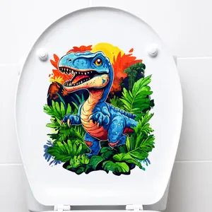Detail of toilet seat cover featuring a blue cartoon dinosaur and tropical jungle plants