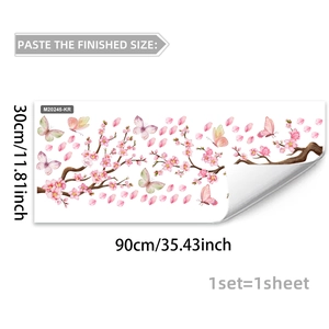 Detail view of pink cherry blossoms and butterfly wall sticker set, 30cm x 90cm dimensions