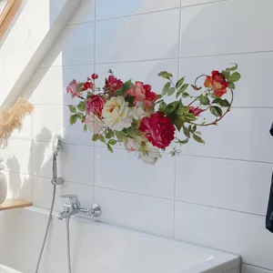 Realistic red and pink rose flower stickers on white bathroom tiles for home decoration