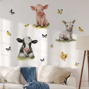 Cozy living room scene showing watercolor farm animal wall stickers with butterflies